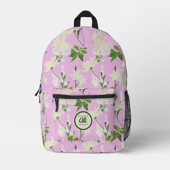 White flowers 1 lilac background printed backpack (Front)