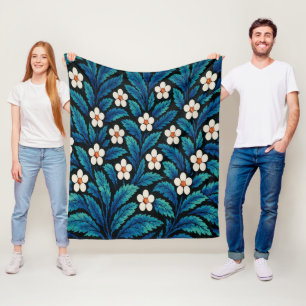 White Flowers and Blue Leaves Fleece Blanket