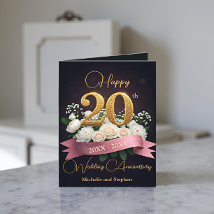 White Flowers and Gold 20th Wedding Anniversary Card
