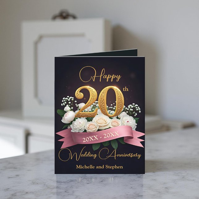 White Flowers and Gold 20th Wedding Anniversary Card (Creator Uploaded)