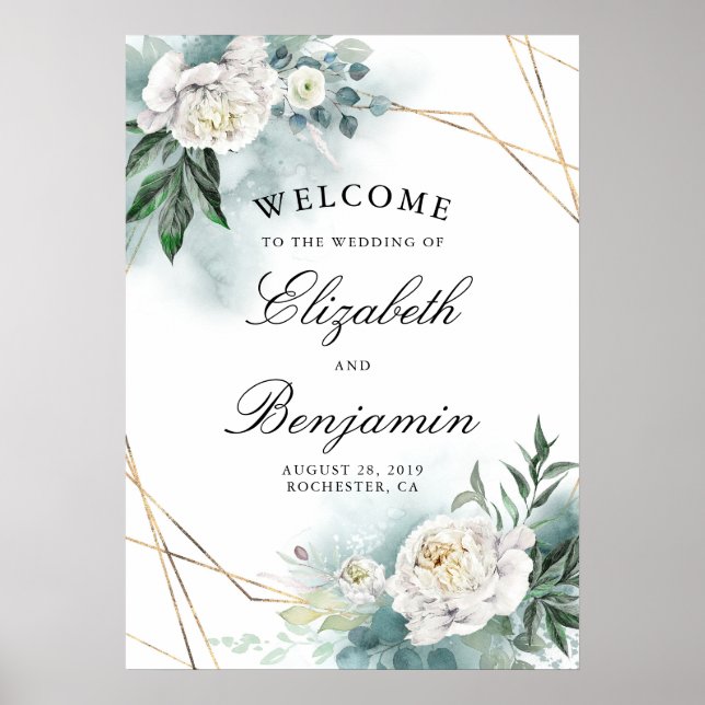 White Flowers and Gold Frame Wedding Welcome Sign (Front)