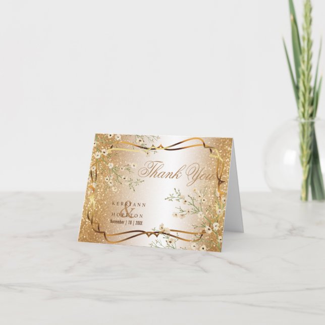 White Flowers and Gold Glitter - Thank You Card (Front)