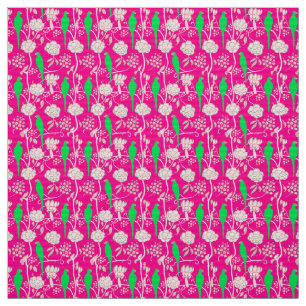 WHITE FLOWERS AND GREEN PARROTS ON PINK FABRIC