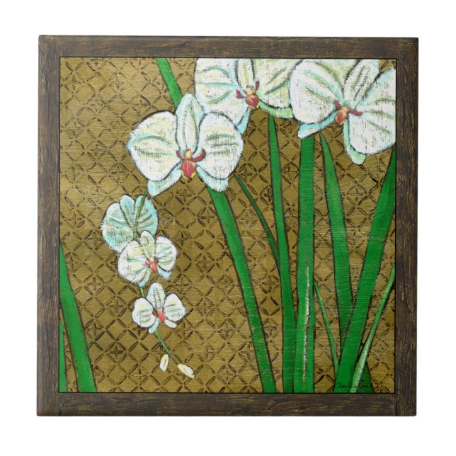 White Flowers and Green Stems on Brown Border Ceramic Tile (Front)