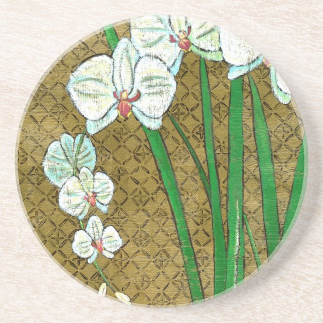 White Flowers and Green Stems on Brown Border Coaster (Front)