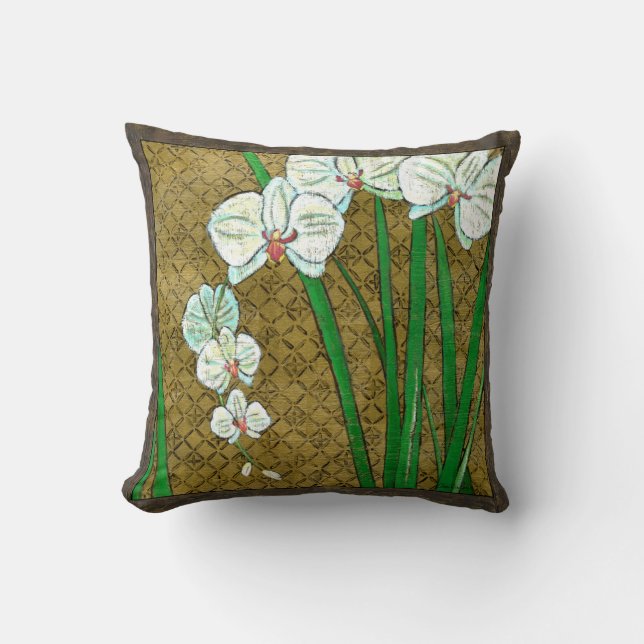 White Flowers and Green Stems on Brown Border Cushion (Front)