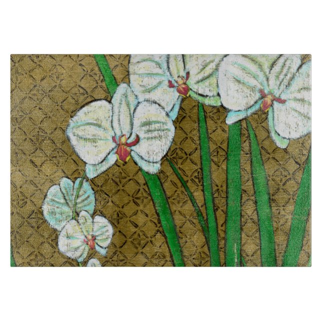 White Flowers and Green Stems on Brown Border Cutting Board (Front)