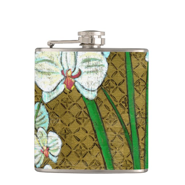 White Flowers and Green Stems on Brown Border Hip Flask (Front)