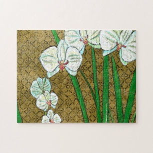 White Flowers and Green Stems on Brown Border Jigsaw Puzzle