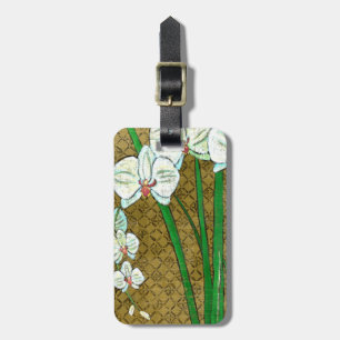 White Flowers and Green Stems on Brown Border Luggage Tag