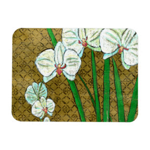 White Flowers and Green Stems on Brown Border Magnet