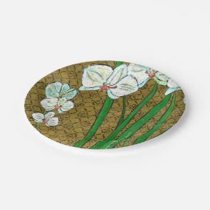 White Flowers and Green Stems on Brown Border Paper Plate