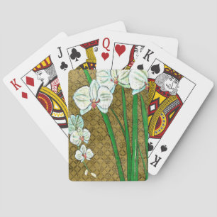 White Flowers and Green Stems on Brown Border Playing Cards
