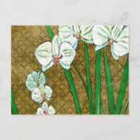 White Flowers and Green Stems on Brown Border
