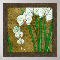 White Flowers and Green Stems on Brown Border