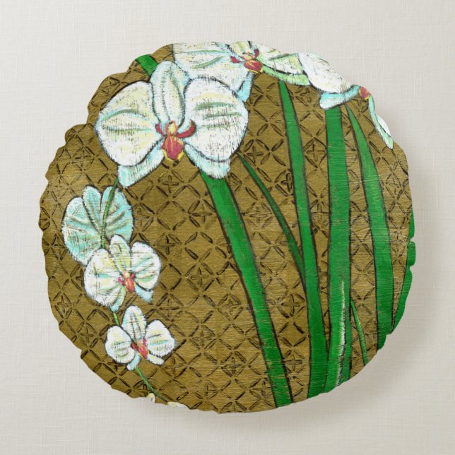 White Flowers and Green Stems on Brown Border Round Cushion (Front)