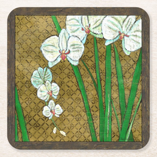 White Flowers and Green Stems on Brown Border Square Paper Coaster (Front)