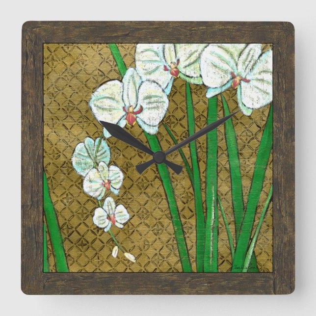 White Flowers and Green Stems on Brown Border Square Wall Clock (Front)