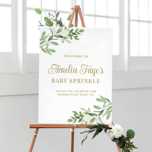 White Flowers and Greenery Baby Sprinkle Welcome Poster