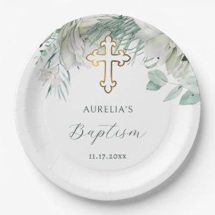 White Flowers and Greenery Baptism Paper Plates