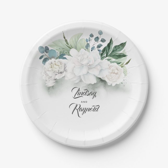 White Flowers and Greenery Bouquet Elegant Paper Plate (Front)