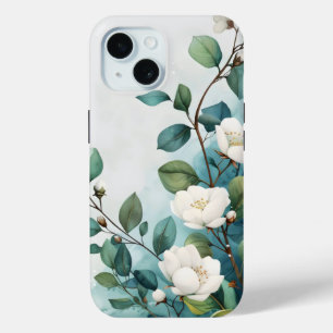 White Flowers and Greenery iPhone 15 Case