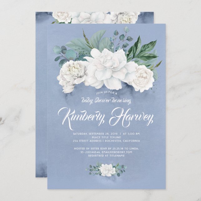 White Flowers and Greenery Dusty Blue Baby Shower Invitation (Front/Back)