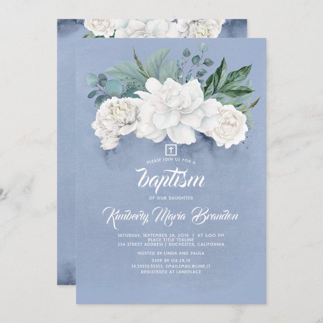 White Flowers and Greenery Dusty Blue Baptism Invitation (Front/Back)