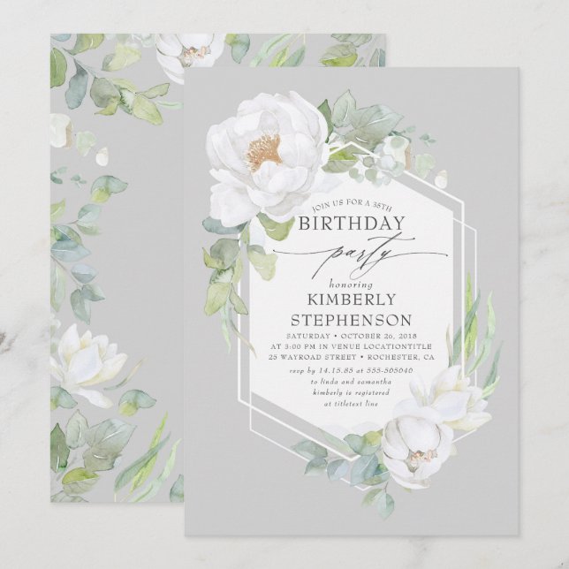 White Flowers and Greenery Elegant Modern Birthday Invitation (Front/Back)