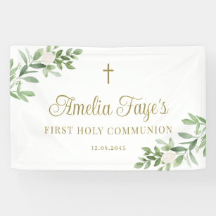 White Flowers and Greenery First Holy Communion Banner