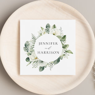 White Flowers and Greenery Personalised Wedding Napkin