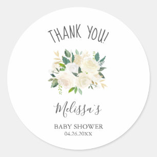 White Flowers And Greenery Thank You Baby Shower Classic Round Sticker