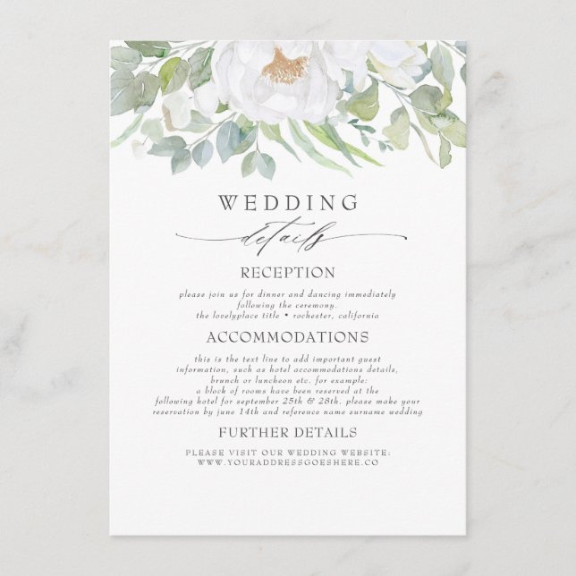 White Flowers and Greenery Wedding Information Enclosure Card (Front)