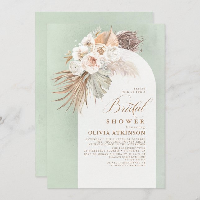 White Flowers and Pampas Grass Boho Bridal Shower Invitation (Front/Back)