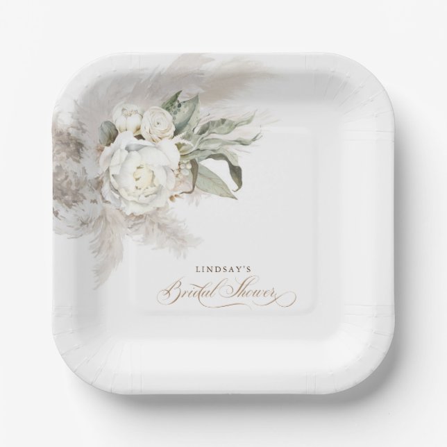 White Flowers and Pampas Grass Boho Bridal Shower Paper Plate (Front)