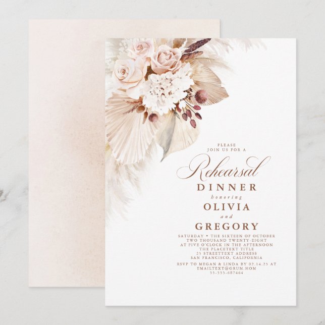 White Flowers and Pampas Grass Rehearsal Dinner Invitation (Front/Back)