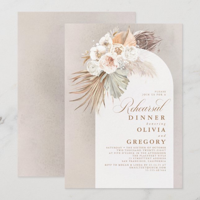 White Flowers and Pampas Grass Rehearsal Dinner Invitation (Front/Back)