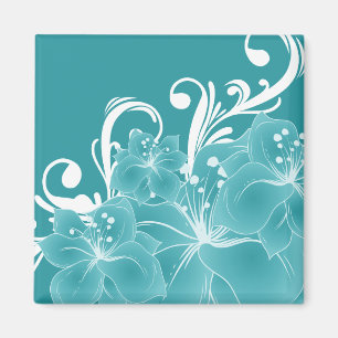 White Flowers and Scrolls on Blue Magnet