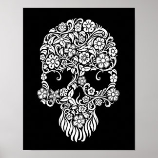 White Flowers and Vines Skull Design on Black Poster