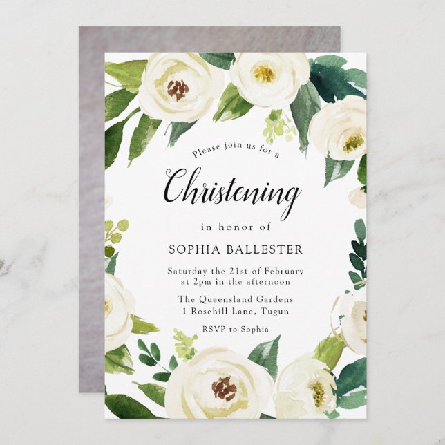 White Flowers Baby Photo Christening Baptism Invitation (Front/Back)