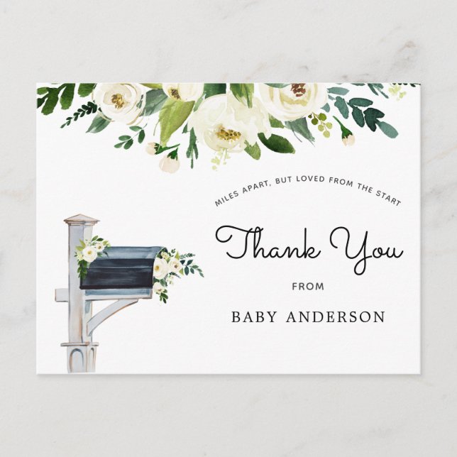 White Flowers Baby Shower by Mail Thank You Postcard (Front)