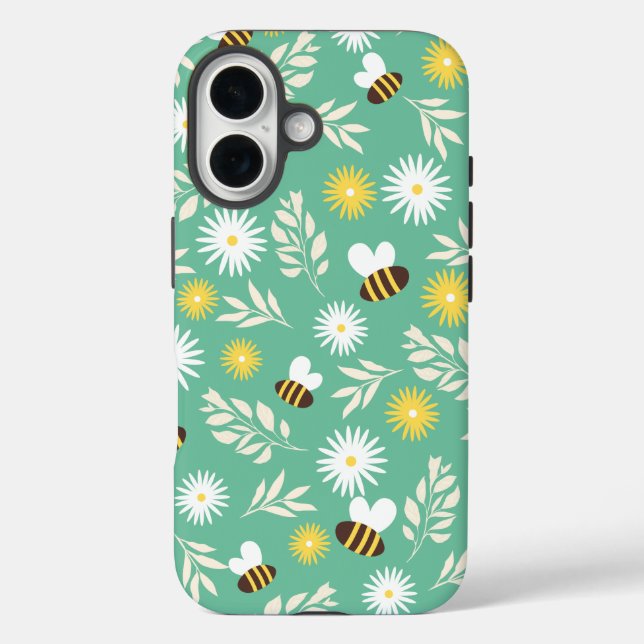 White Flowers, Bees Design Otterbox iPhone 16 Case (Back)