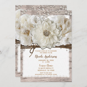 White Flowers & Birch Rustic Glam Bridal Shower Invitation