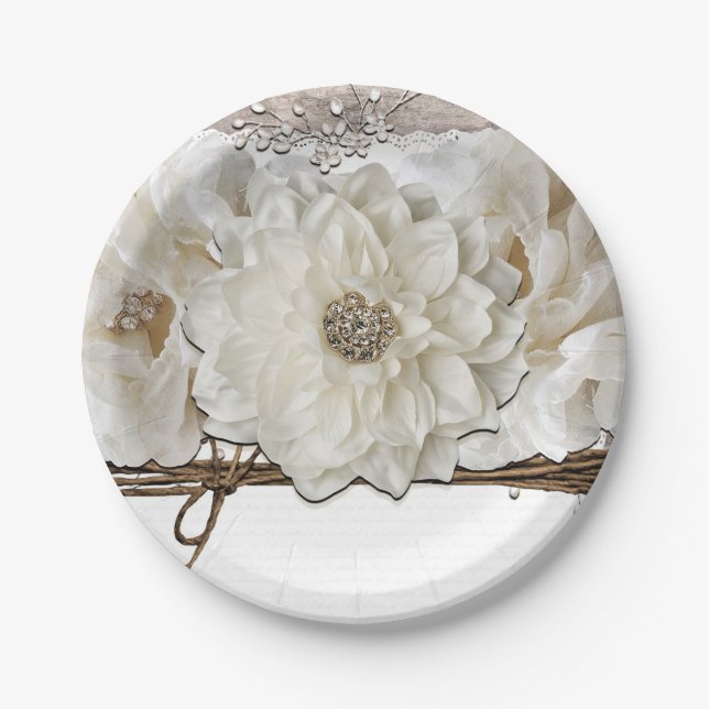 White Flowers & Birch Rustic Glam Bridal Shower Paper Plate (Front)
