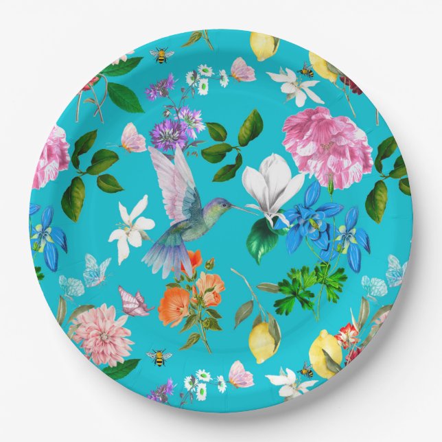 White flowers,birds,bees,lemon,butterflies,   paper plate (Front)
