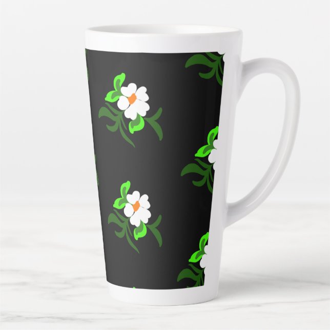 White flowers black background aluminium water bot latte mug (Right)