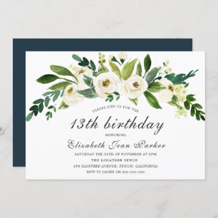 White Flowers Blooming 13th Birthday Party Invite