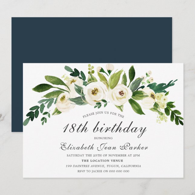 White Flowers Blooming 18th Birthday Party Invite (Front/Back)