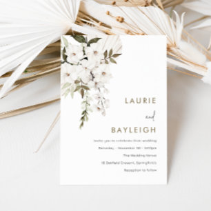White Flowers, Boho & Sage Modern Wedding Invitation