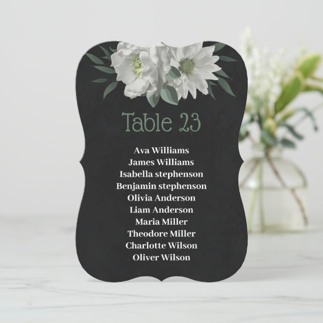  white flowers botanical black seating chart card (Standing Front)